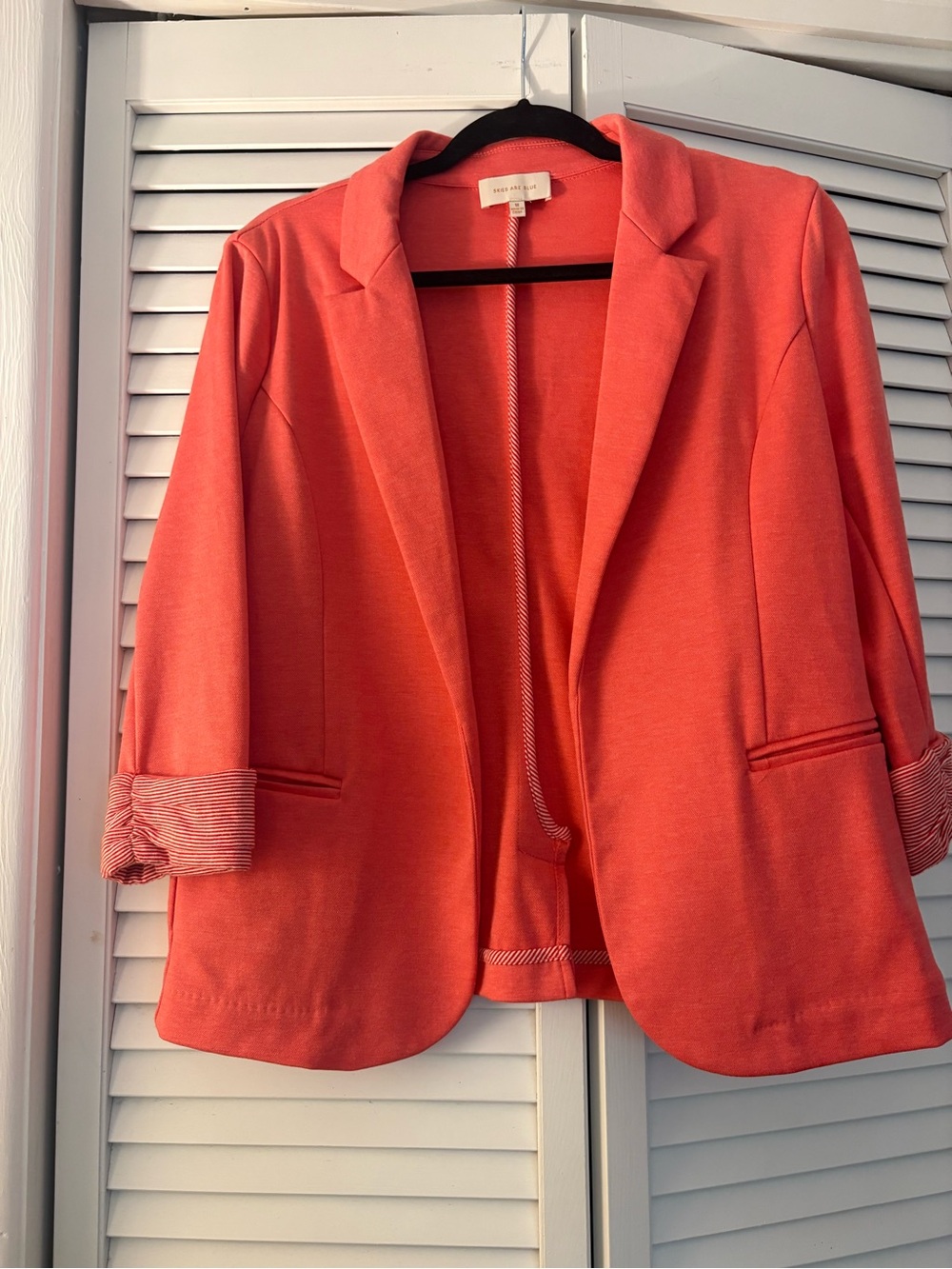 Skies Are Blue Coral-Orange Open-Front Blazer Jacket
